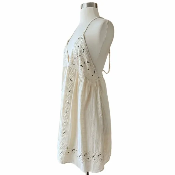 ZARA Mini Dress with Studs Sleeveless V-Neck Braided Straps Ecru White XL NWT - Image 5