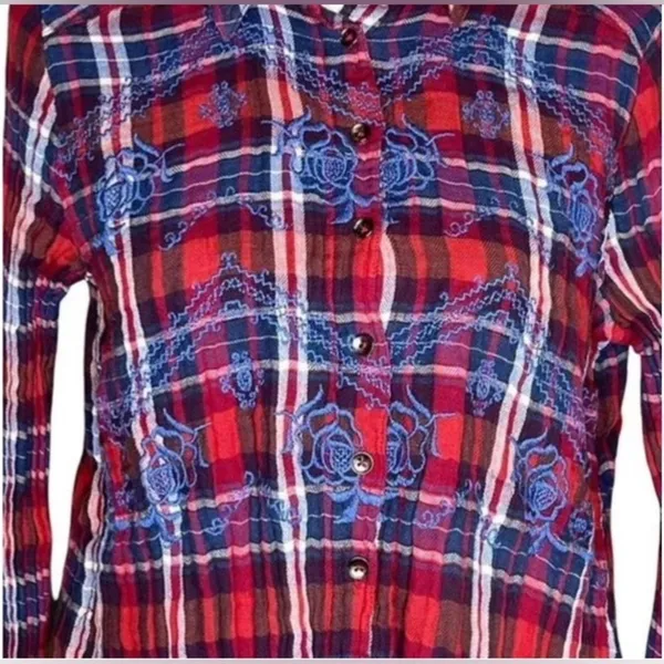 Free People XS Plaid Embroidered Button-Up Shirt Red/Blue Long Sleeve Cotton - Image 12