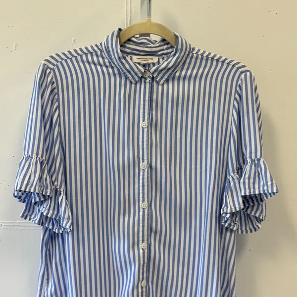 Beachlunchlounge Blue White Striped Ruffle Sleeve Button Down Shirt Womens Med - Image 3