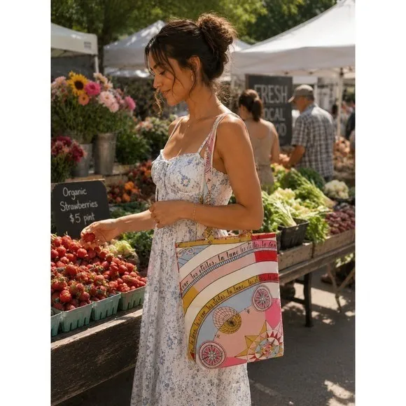 Tory Burch Celestial Canvas Tote Bag Moon Stars Pink Multicolor Large - Image 13