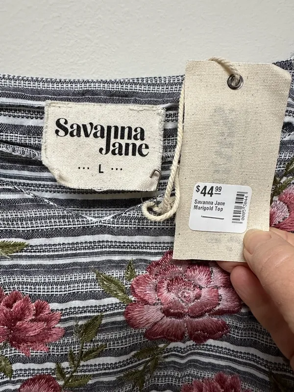 NWT Savanna Jane Striped Peasant Blouse with Pink Floral Embroidery - Image 2