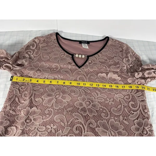 Onyx Apparel Women’s Lace Blouse L Pink/Black Pearl V-Neck Bell Sleeve 20195CM - Image 6