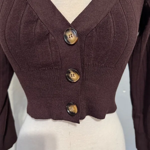 All The Ways Brown Ribbed Knit Cropped Cardigan V-Neck Stretcy Top‎ Women Size S - Image 2