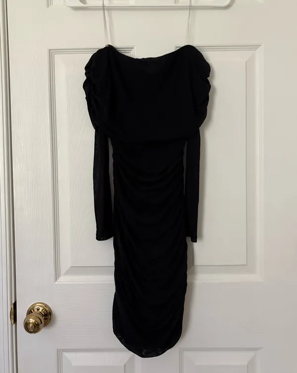 Black Off the Shoulder Long Sleeve Mesh Bodycon Mini Dress - Image 4