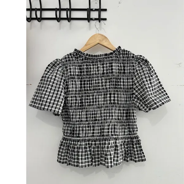 Rails Portia Ash Seersucker Gingham Smocked Tie Front Peplum Top Black White‎ M - Image 3