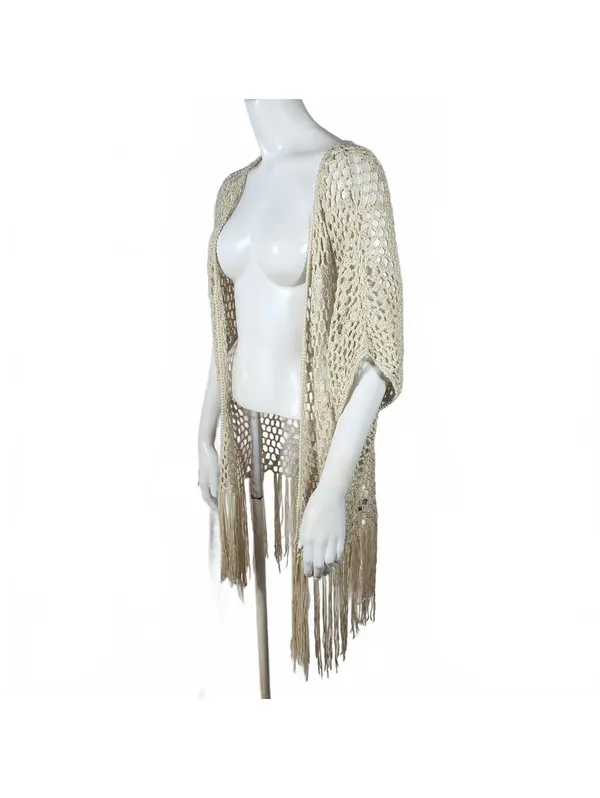 POL Beige Crochet Open Front Cardigan with Fringe Detail, Size Large - Image 2