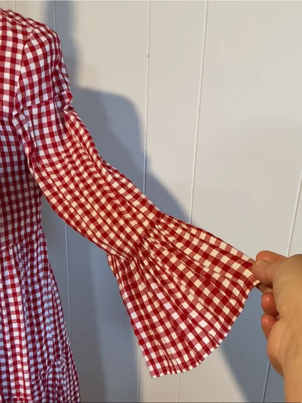 beachlunchlounge Red and White Gingham Tiered Long-Sleeve Dress - Image 3