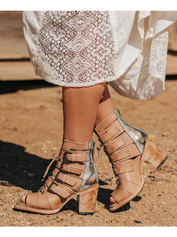 Freebird Braeden Blush Leather Tan Distressed Edgy Buckles Low Heel Sandals 10 - Image 2