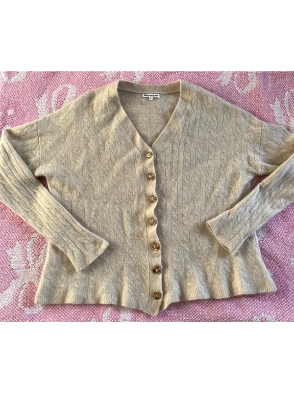 Reformation Recycle Cashmere Cardigan Women Size S, V Neck Beige Cable Cropped - Image 2
