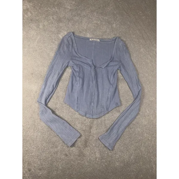 Free People We The Free XS Blue Pointelle Thermal Long Sleeve Raw Seam Top - Image 4