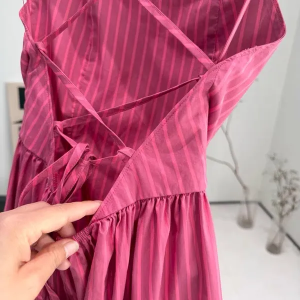 Pistola Sadee Open Back Midi Dress Magenta Pink Stripe Cotton Summer Sundress L - Image 15