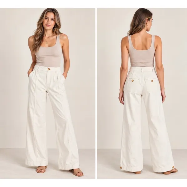 Anthropologie Cream Wide Leg Pants Womens US 0 High Rise Cotton Stretch Trouser - Image 2