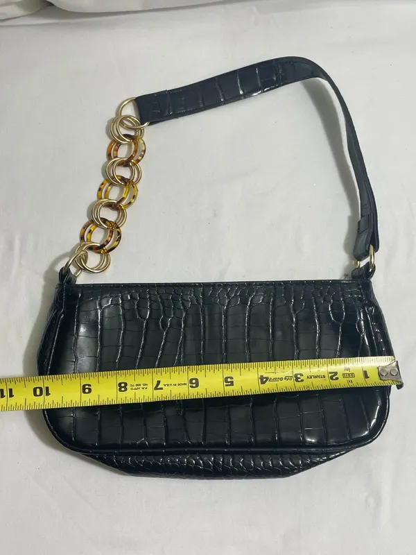 Black Faux Croc Embossed Shoulder Bag Tortoise Chain Accent Baguette Purse - Image 2