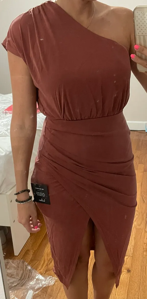 Lulus New Lulu’s Raise a Glass Rusty Rose One-Shoulder Midi Dress XS - Image 2