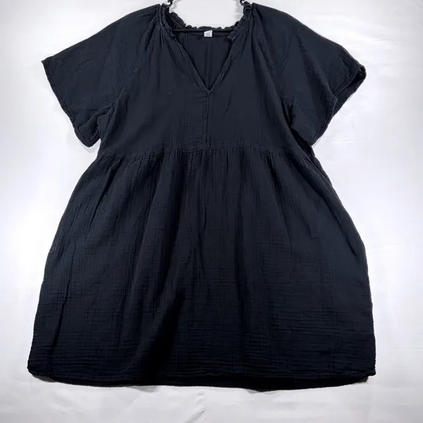 Old Navy Womens XL Black Cotton Gauze Ruffle Neck Babydoll Mini Dress Pockets - Image 2