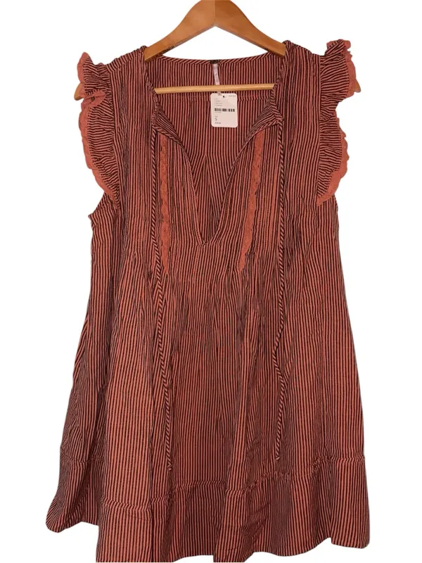Free People Striped Ruffle Tunic Mini Dress Small New With Tags Orange Mot - Image 3