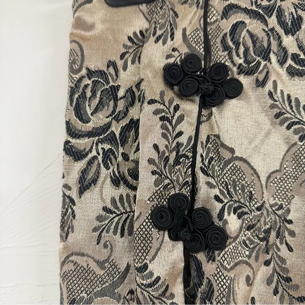 Vintage 1990s Floral Black & Gold Mini Wrap Skirt Womens M 90s Asian Inspired - Image 6