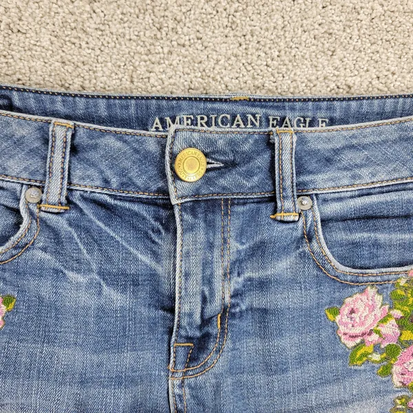 American Eagle Women Cutoff Jean Micro Shorts 4 Blue Denim Floral Embroidery - Image 9