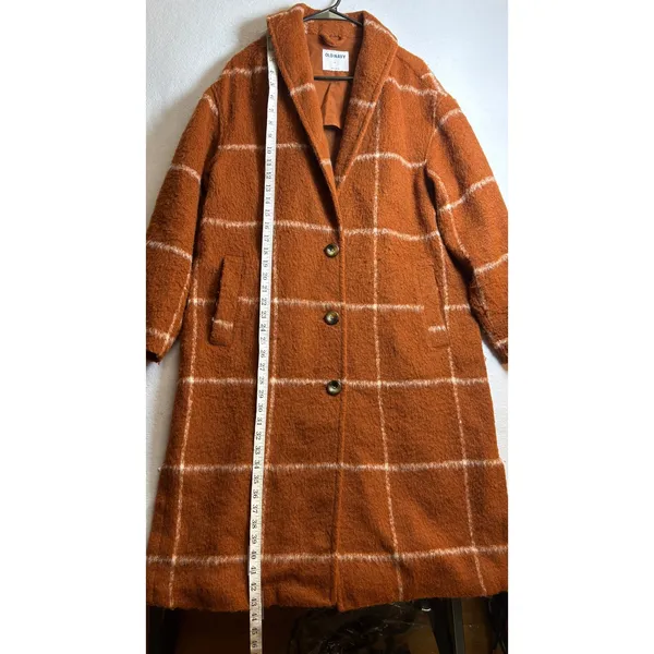 Old Navy Womens Long Windowpane Plaid Coat Rust Orange Boucle Overcoat Large - Image 8