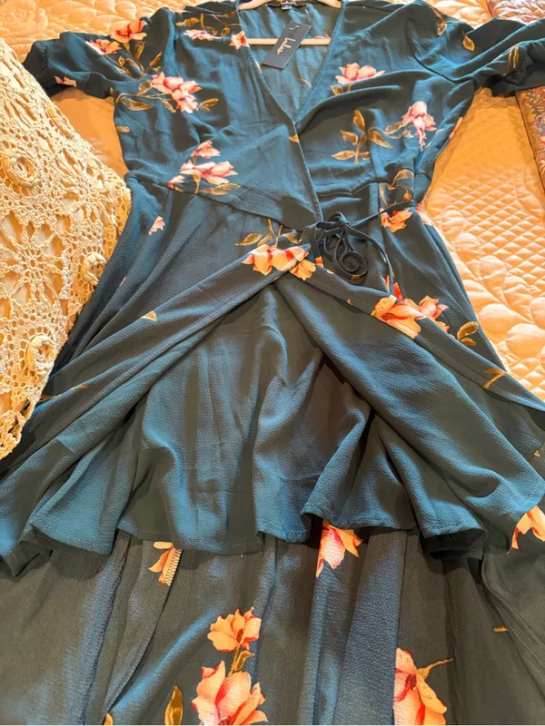Lulus September Sunsets Dark Teal Floral Print Wrap Maxi Dress NWT size M - Image 9