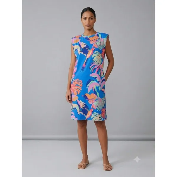 Farm Rio Made of Brasil Orange Parrot Graphic Padded Shoulder T-Shirt Dress XS - Image 8