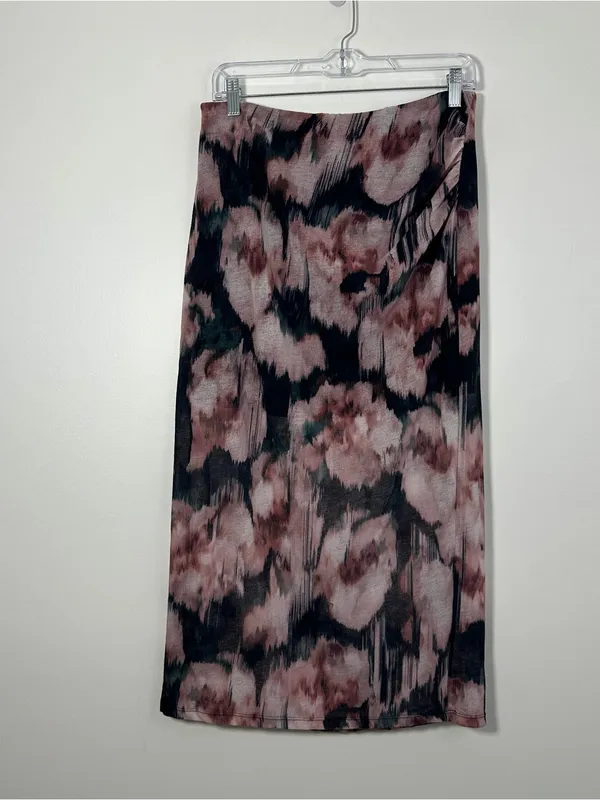 Abercrombie Floral Ruched Midi Skirt Women’s Medium Pink Black Bodycon - Image 2