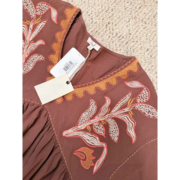 NWT Easel Floral Embroidered Boho Babydoll Mini Dress Mocha Brown M - Image 7