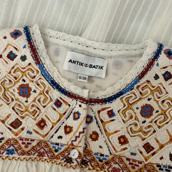 ANTIK BATIK Bernadette Embroidered Cotton Blouse White Boho Bohemian Small 38 - Image 11
