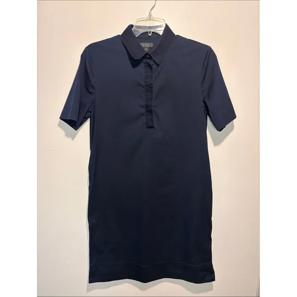 COS Shirt Dress Navy Blue Short Sleeve Hidden Button Textured Collar Size 6 - Image 2