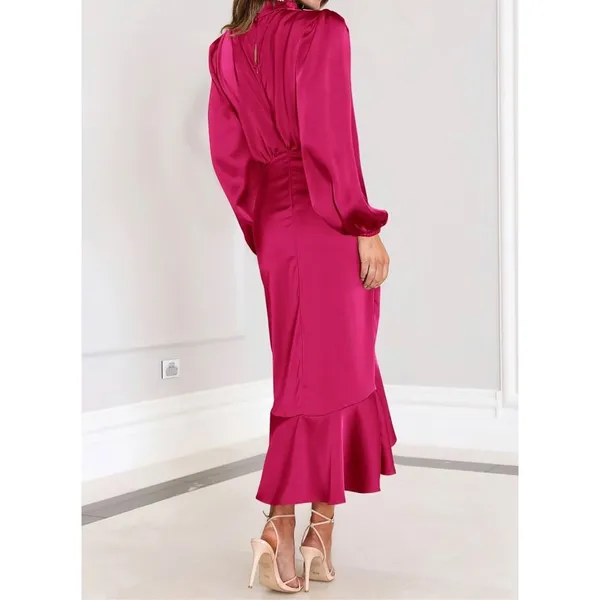NEW Satin Mock Neck Cocktail Midi Dress Wrap Ruched Ruffle M - Image 7