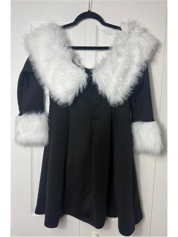 Womens Black Off Shoulder Faux Fur Trim Mini Dress Size XL Fit Flare Long Sleeve - Image 9