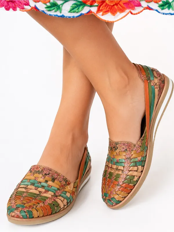 Indios by Impucalza Mexican Leather Floral Woven Huarache Boho Flats US 8 MX 25 - Image 5
