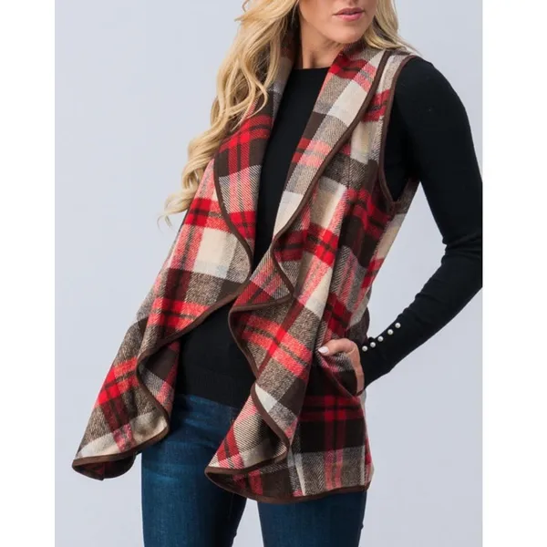 Plaid Waterfall Open Front Wool Polyester Vest New Size L Vibrant Autumn Vibe! - Image 3