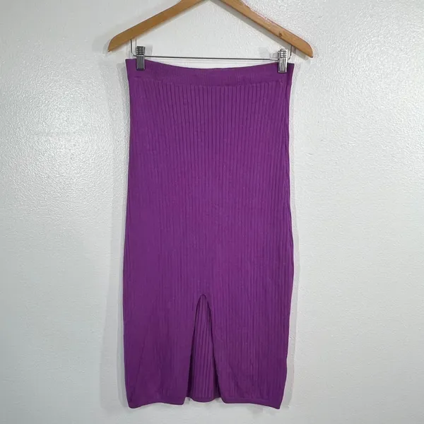 Free People Skyline‎ Women Medium Purple Ribbed Knit Front Slit Midi Skirt Boho - Image 3