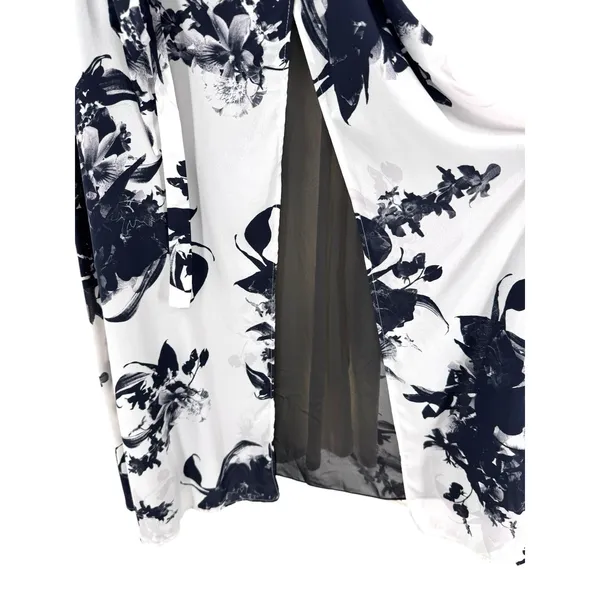 Rimini Black White Floral Print Midi Dress Size Med Flutter Sleeve Belted‎ Lined - Image 2