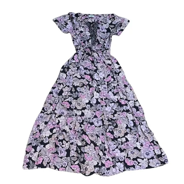 Natural Life Bella Floral Maxi Tiered V-Neck Puff Sleeve Rayon Dress Pink Gray M - Image 3