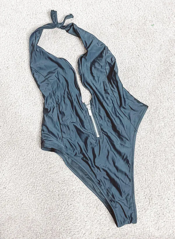 Black Plunge Sexy Open Back One Piece Bathing Suit - Image 2