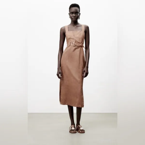 Zara brown linen-blend midi dress with matching belt and Slit Size XS - Image 2