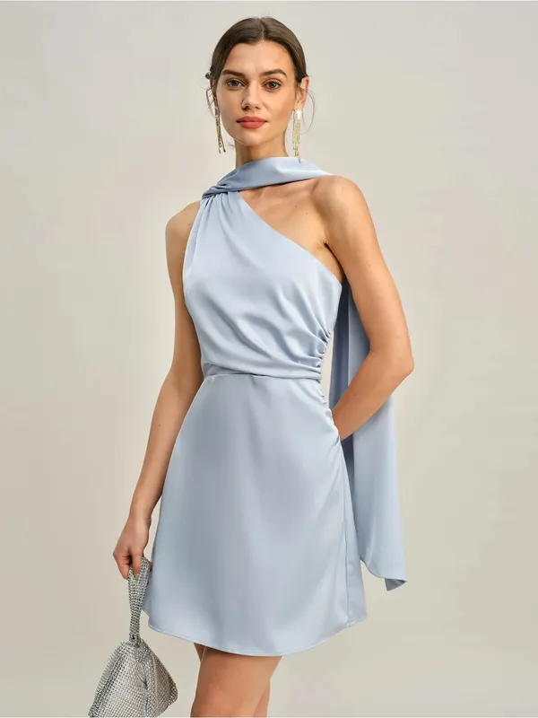 RIHOAS One-Shoulder Satin Mini Dress in Light Blue with Draped Scarf - Image 3
