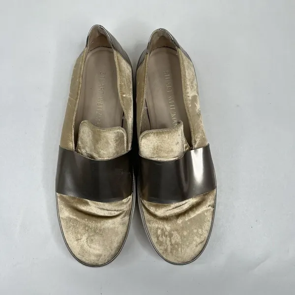 Stuart Weitzman Sz 9 The Boyband Gold Gilt Pane Velvet Slip Sneaker Shoe Women's - Image 9