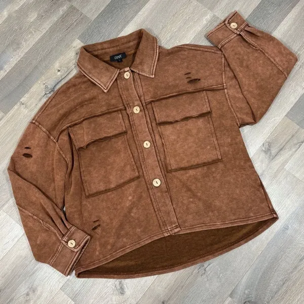 Oddy‎ Shacket Jacket Women Medium Large Brown Distressed Jersey Knit Cropped - Image 13