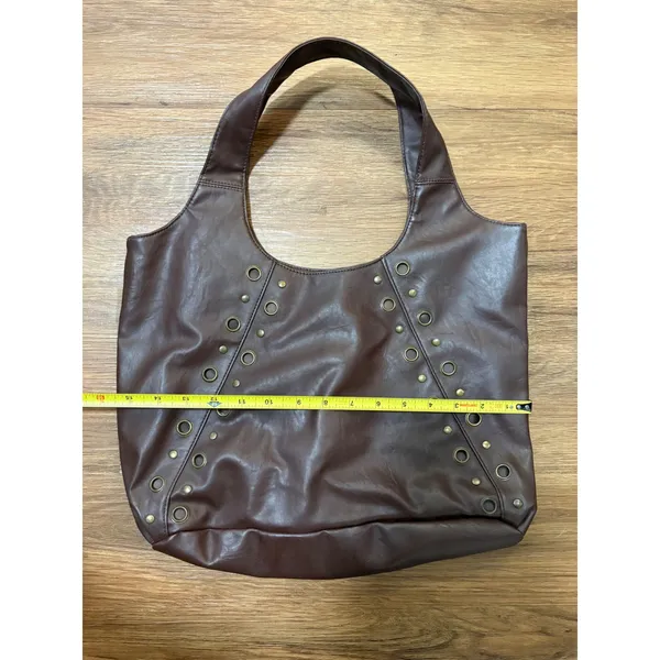 Brown Faux Leather Grommet Studded Hobo Shoulder Bag Slouchy Tote Handbag - Image 2