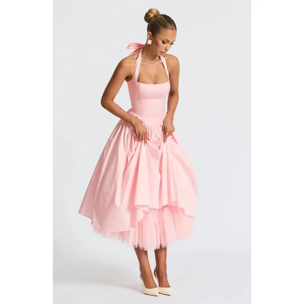 NWT Babyboo Cressida Blush Pink Halter Corset Fit & Flare Midi Dress Womens Sz L - Image 4