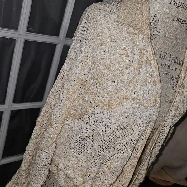 Anthropologie Womens Tan Natural Cropped Lace Cardigan‎ Sweater M/L Medium Large - Image 3