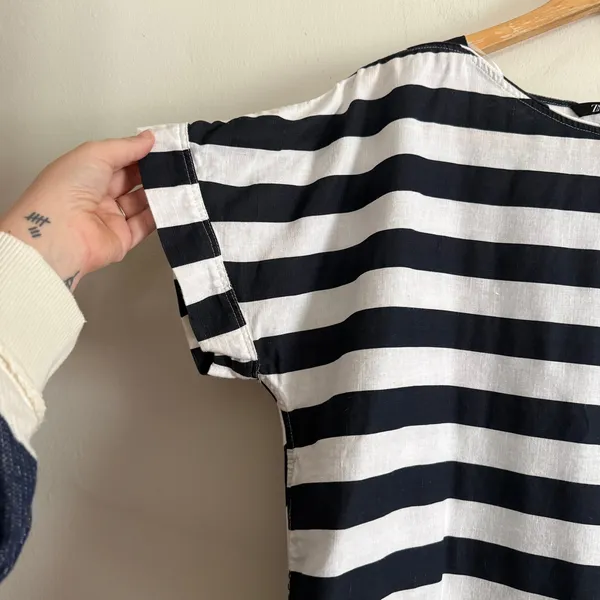ZARA Linen Blend Black and White Striped Boxy Cap Sleeve Bateau Neck Shirt Large - Image 3