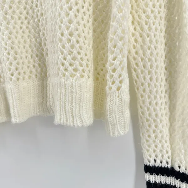 Elan Womens Cream Mock Neck Open Knit Sweater Black Stripe Cuff‎ Detail Medium - Image 5