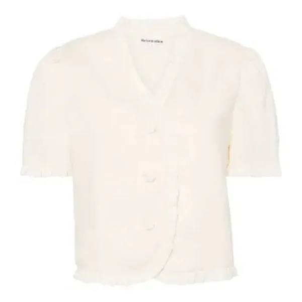Reformation | Bess 100% Linen Puff Sleeve Ruffle Top in Sugar Cream | Size Med - Image 14