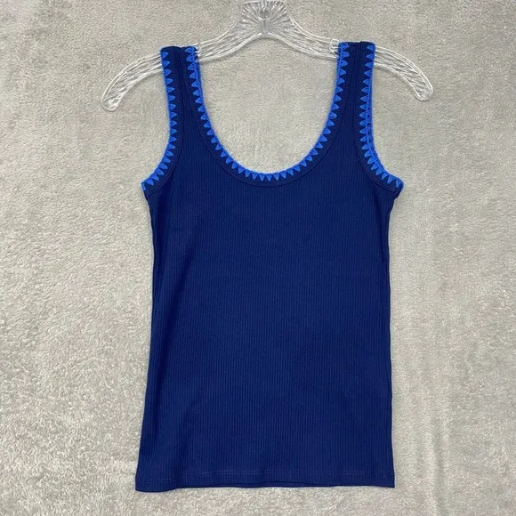 J Crew‎ Top Womens XXS Navy Blue Ribbed Knit Blanket Stitch Trim Tank CJ076 - Image 2