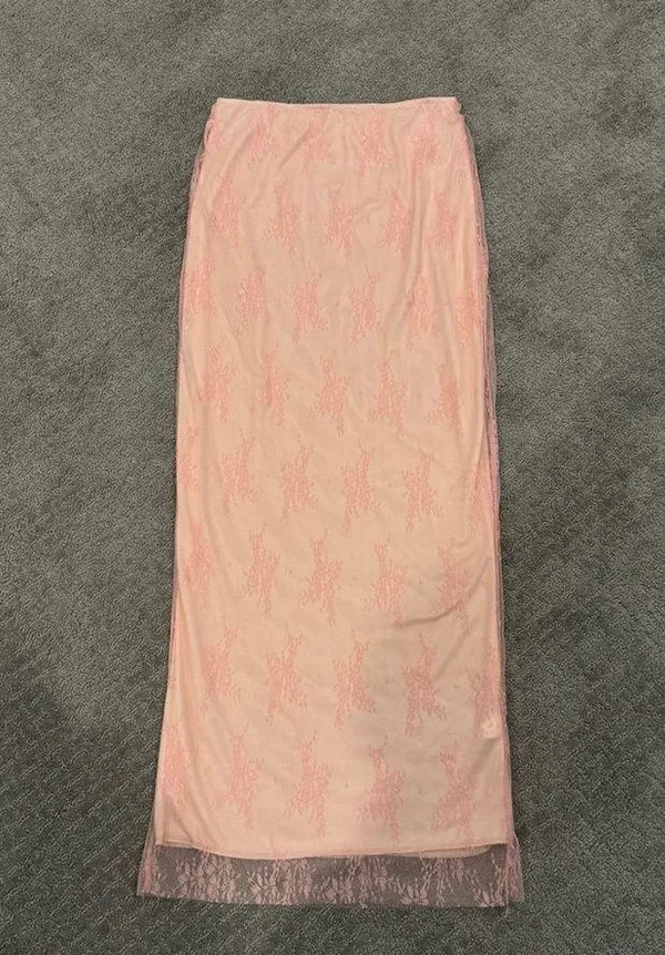 Pink Lace Two Piece Coord Set - Maxi Skirt and Open Top - Image 2