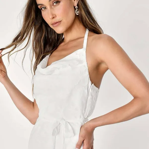 New Lulus Graceful White Floral Jacquard Halter Midi Dress Women’s Sz XL Elegant - Image 4